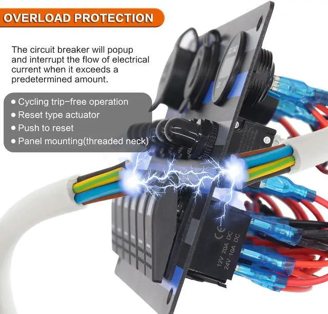 Alt view image 4 of 7 - 6P Rocker Switch Panel with American Flag Pattern ON Off Toggle Switch QC3.0 PD18W USB Quick Charger Cigarette Lighter Socket Digital Voltmeter with Circuit Breaker Overload Protection (Blue)