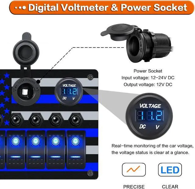 Alt view image 3 of 7 - 6P Rocker Switch Panel with American Flag Pattern ON Off Toggle Switch QC3.0 PD18W USB Quick Charger Cigarette Lighter Socket Digital Voltmeter with Circuit Breaker Overload Protection (Blue)