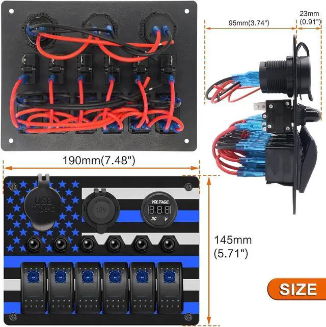 Alt view image 6 of 7 - 6P Rocker Switch Panel with American Flag Pattern ON Off Toggle Switch QC3.0 PD18W USB Quick Charger Cigarette Lighter Socket Digital Voltmeter with Circuit Breaker Overload Protection (Blue)