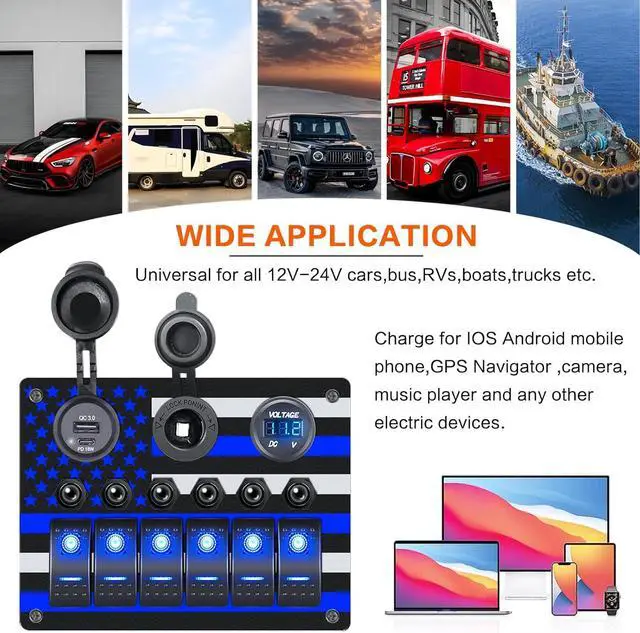 Alt view image 7 of 7 - 6P Rocker Switch Panel with American Flag Pattern ON Off Toggle Switch QC3.0 PD18W USB Quick Charger Cigarette Lighter Socket Digital Voltmeter with Circuit Breaker Overload Protection (Blue)