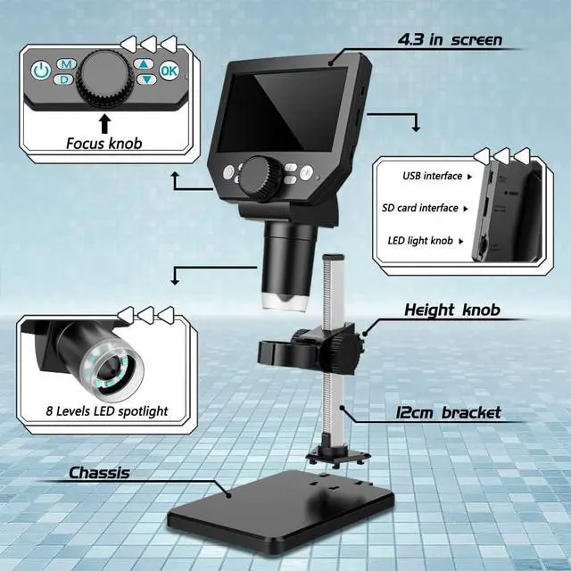 Alt view image 5 of 7 - LCD Digital Microscope,4.3 Inch 1080P 10 Megapixels,1-1000X Magnification Zoom Wireless USB Stereo Microscope Camera,10MP Camera Video Recorder with HD Screen
