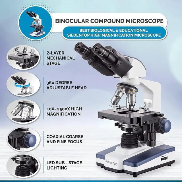 Alt view image 3 of 7 - B120 Series Student & Professional LED Binocular Compound Microscope - 40X-2500X Magnification - Includes 5MP USB Camera & Siedentopf Head