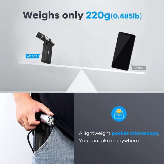 Alt view image 3 of 7 - AD203 Handheld Digital Microscope, Portable Pocket Microscope with 4 inch Screen for Kids and Adults, Black, Electronic FHD Video Microscope, Supports Windows Mac PC, USB Coin Microscope