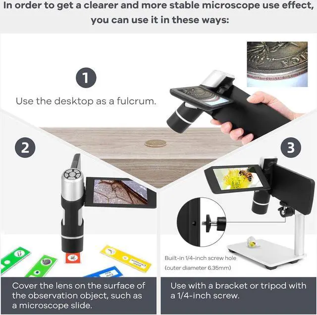 Alt view image 4 of 7 - AD203 Handheld Digital Microscope, Portable Pocket Microscope with 4 inch Screen for Kids and Adults, Black, Electronic FHD Video Microscope, Supports Windows Mac PC, USB Coin Microscope