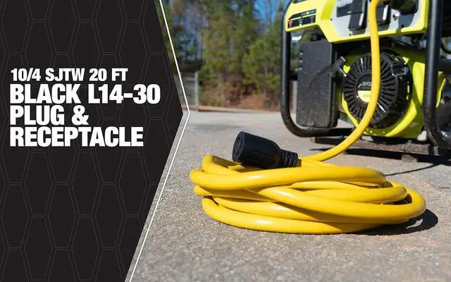 Alt view image 2 of 7 - 65172840 20-Foot 30Amp Generator Cord; 10-Gauge Heavy Duty Electrical Power Cable with L14-30 Locking Plug; 125V / 250V; Yellow; Feet; Black