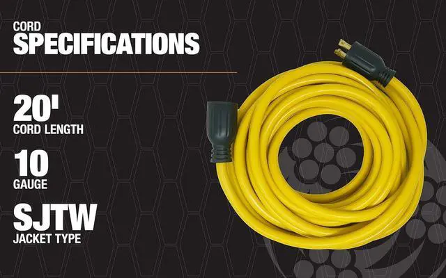 Alt view image 7 of 7 - 65172840 20-Foot 30Amp Generator Cord; 10-Gauge Heavy Duty Electrical Power Cable with L14-30 Locking Plug; 125V / 250V; Yellow; Feet; Black