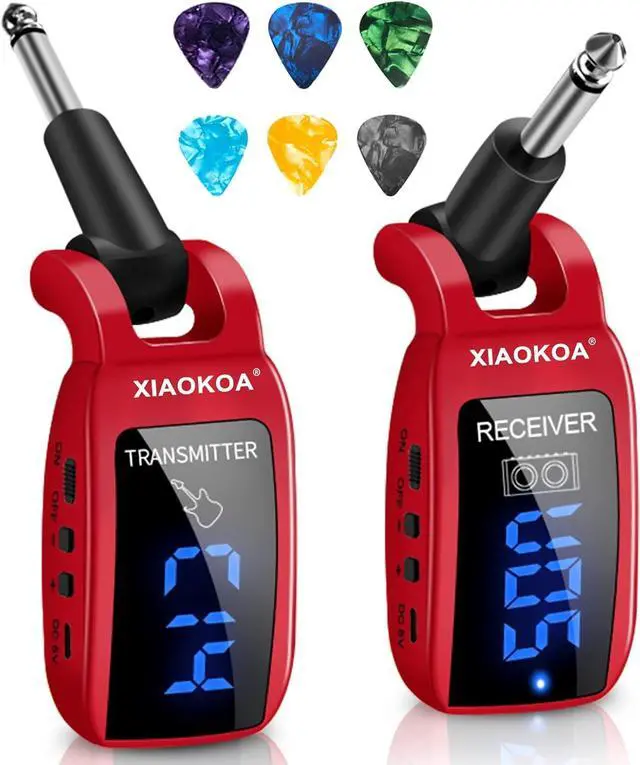Main image of Wireless Guitar System,XIAOKOA UHF Wireless Guitar Transmitter Receiver 164Feet Range with HD LED Screen for Electric Guitar Bass Musical Instruments Red