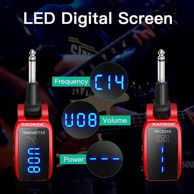 Alt view image 2 of 7 - Wireless Guitar System,XIAOKOA UHF Wireless Guitar Transmitter Receiver 164Feet Range with HD LED Screen for Electric Guitar Bass Musical Instruments Red