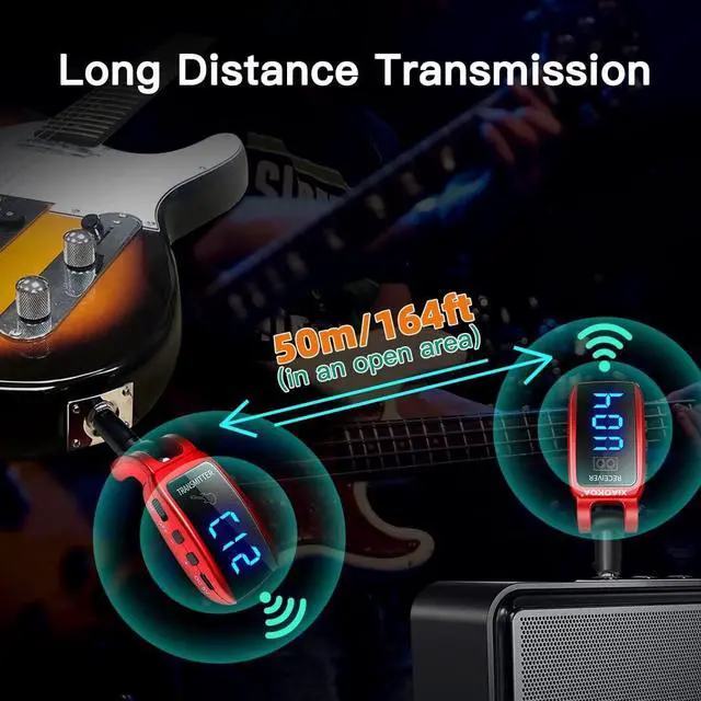 Alt view image 3 of 7 - Wireless Guitar System,XIAOKOA UHF Wireless Guitar Transmitter Receiver 164Feet Range with HD LED Screen for Electric Guitar Bass Musical Instruments Red