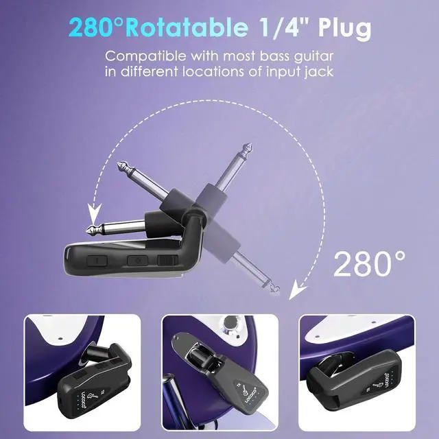 Alt view image 4 of 7 - Wireless Guitar System: 164 Feet Range Wireless Transmitter Receiver - UHF 4 Channels Rechargeable Audio, 220° Rotatable Plug Design for Guitar Bass and Electric Instruments.(Black)