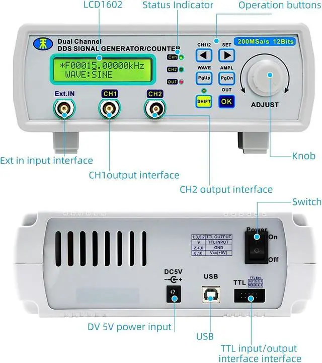 Alt view image 2 of 6 - DDS Signal Generator Counter, 2" Screen Display 25MHz High Precision Dual-Channel Arbitray Waveform Generator Frequency Meter 200MSa/s