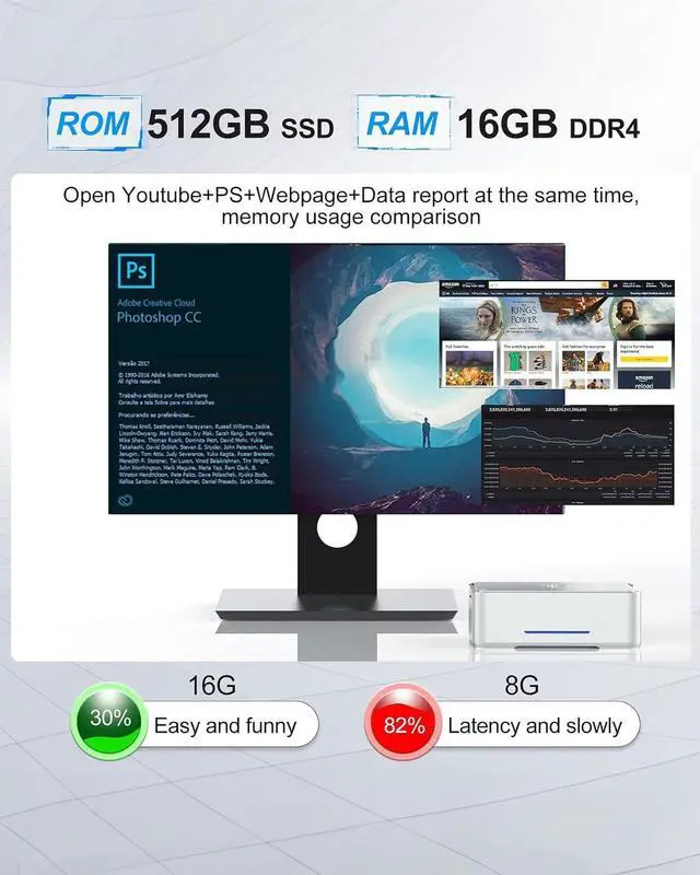Alt view image 5 of 7 - GK3Plus Mini PC with Windows 11, 16GB RAM 512GB M.2 SSD,12th Gen Alder Lake N95 (up to 3.4GHz) Micro PC, 2.5''SSD, Gigabit Ethernet, 4K UHD, WiFi, BT, VESA/Home/Business Mini Desktop Computers