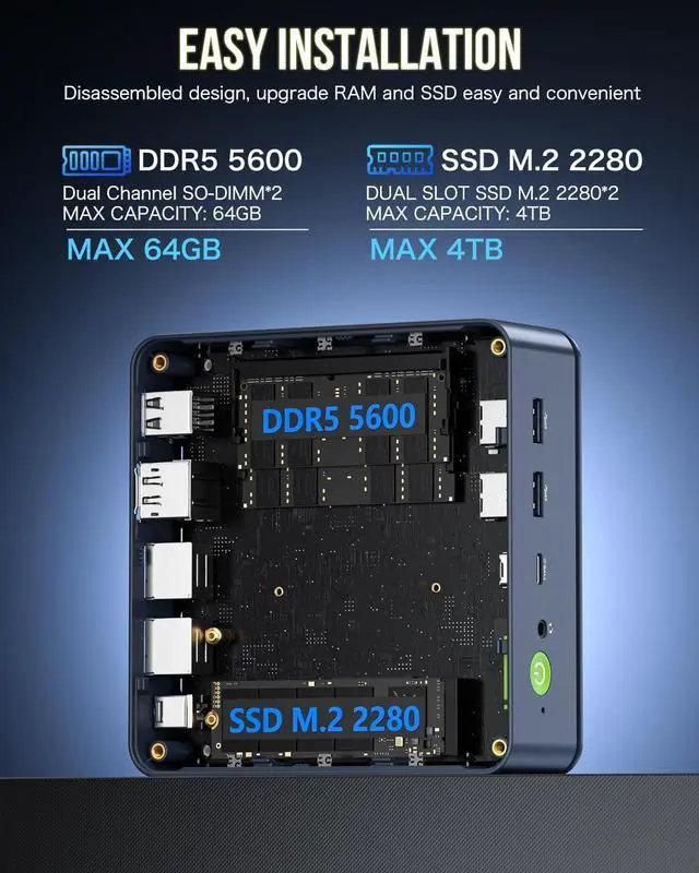 Alt view image 6 of 7 - Mini PC Gaming Preinstalled Windows 11 Pro, K6  Ryzen 7 7840HS Dual NIC LAN 2.5Gbps Desktop Computer, 32GB DDR5 (16GB*2) 1TB PCIe4.0 SSD, USB4.0, HDMI, DP, USB-C, WiFi 6E, BT 5.2