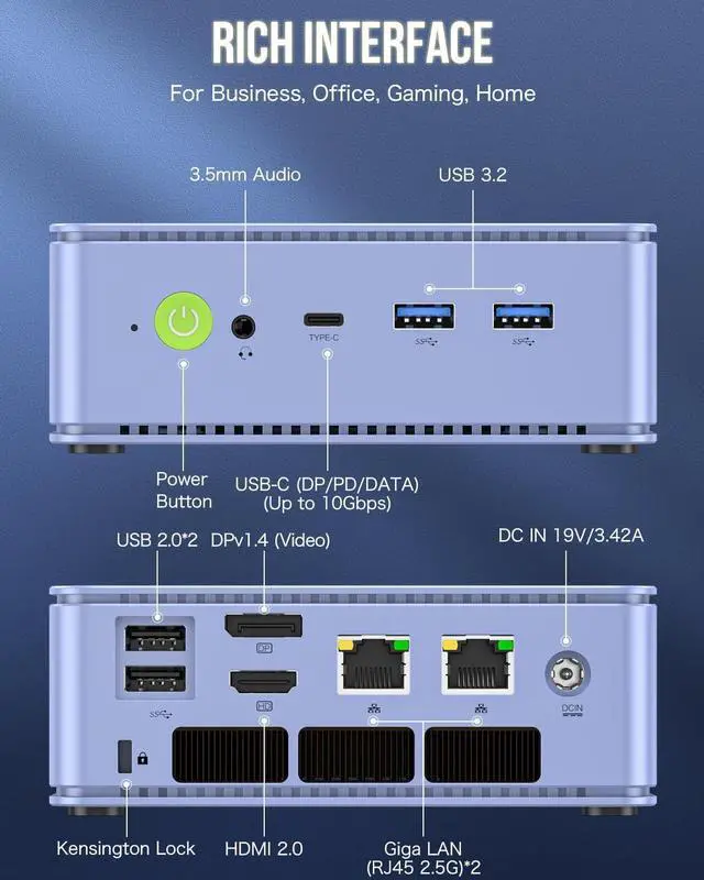 Alt view image 3 of 7 - M5 Plus Gaming Mini PC Ryzen 7 5825U (Upgraded 7430U/ 5700U), 32GB RAM 1TB SSD Dual NIC LAN 2.5GbE Desktop Computers, Triple 4K Display - Lunar Blue