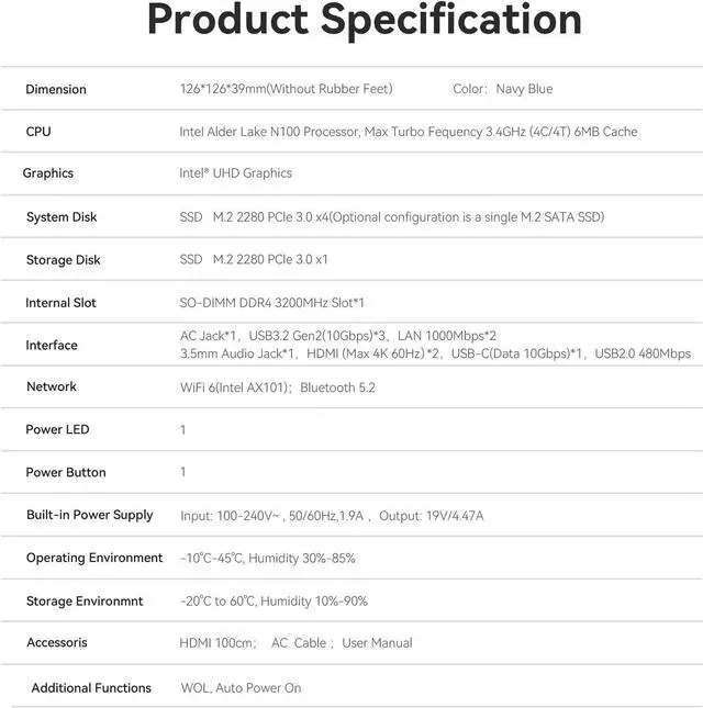 Alt view image 7 of 7 - Mini PC, EQ13 16GB DDR4 500GB PCIe3.0 SSD,  Alder Lake-N100 (up to 3.4GHz), Dual LAN Mini Computer Supports WiFi6, BT5.2, USB3.2, 4K@60Hz Dual Display, Home-Server/Network Firewall