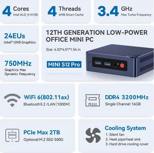 Alt view image 2 of 7 - Mini S12 Pro Mini PC, -N100 (4C/4T, Up to 3.4GHz), 16GB DDR4 RAM 1TB SSD, Mini Desktop Computer 4K@60Hz, Dual HDMI, WiFi6, BT5.2, USB3.2, Low Power