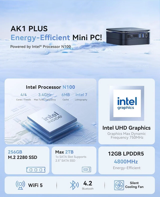 Alt view image 2 of 7 - KAMRUI AK1PLUS Mini Computer, 12GB LPDDR5 256GB M.2 SSD, Intel Processor N100 (Up to 3.4GHz), Mini Desktop Computer Support 4K Dual Display, WiFi 5, BT 4.2, Gigabit Ethernet, Business Office PC