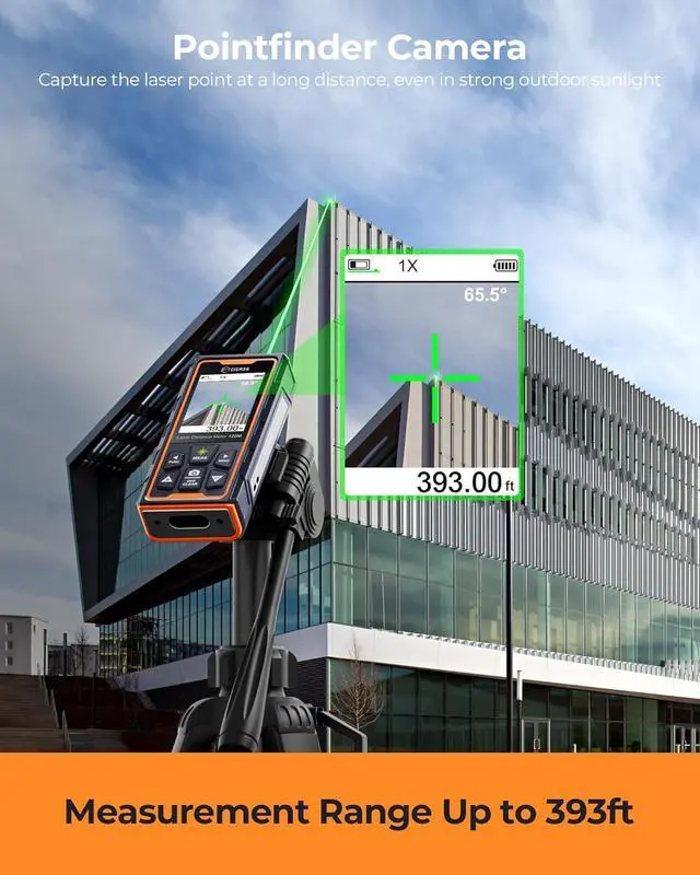 Alt view image 2 of 7 - Laser Measuring Tool, 393ft Green-Beam Laser Measure, Outdoor Laser Measurement Tool with 4X Camera, P2P Technology, IP68, Rechargeable Laser Distance Meter, Length, Area, Volume, Angle Sensor