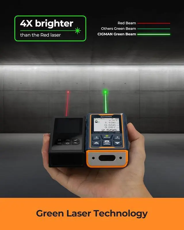 Alt view image 4 of 7 - Laser Measuring Tool, 393ft Green-Beam Laser Measure, Outdoor Laser Measurement Tool with 4X Camera, P2P Technology, IP68, Rechargeable Laser Distance Meter, Length, Area, Volume, Angle Sensor