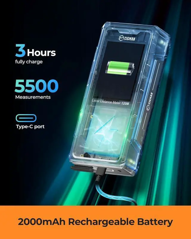 Alt view image 6 of 7 - Laser Measuring Tool, 393ft Green-Beam Laser Measure, Outdoor Laser Measurement Tool with 4X Camera, P2P Technology, IP68, Rechargeable Laser Distance Meter, Length, Area, Volume, Angle Sensor