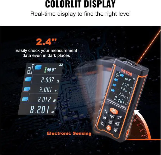 Alt view image 5 of 7 - Laser Measure, 328 Feet Laser Measurement Tool, Laser Distance Meter with Electronic Angle, M/Ft//in Unit Switching, 2.4'' Colorlit Screen, Measure Distance/Area/Volume, Pythagorean Mode
