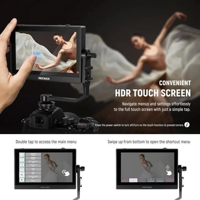 Alt view image 3 of 7 - F500 5.5 Inch Camera Field Monitor, HDR Touch Screen with 3D LUT, Waveform, Vector Scope, Full HD 1920x1080 IPS 4K HDMI Loop in/Out DSLR Video Peaking Focus Assist, Tilt Arm, Battery