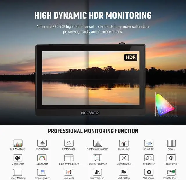 Alt view image 5 of 7 - F500 5.5 Inch Camera Field Monitor, HDR Touch Screen with 3D LUT, Waveform, Vector Scope, Full HD 1920x1080 IPS 4K HDMI Loop in/Out DSLR Video Peaking Focus Assist, Tilt Arm, Battery