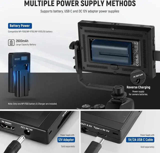 Alt view image 7 of 7 - F500 5.5 Inch Camera Field Monitor, HDR Touch Screen with 3D LUT, Waveform, Vector Scope, Full HD 1920x1080 IPS 4K HDMI Loop in/Out DSLR Video Peaking Focus Assist, Tilt Arm, Battery & Charger