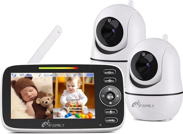 Main image of Split Screen Baby Monitor, Large Display Video Baby Monitor with 2 Cameras and Audio, Long Range, Remote pan tilt, Night Vision, Temperature Sensor, 2 Way Talk, Feeding Clock and lullabies.