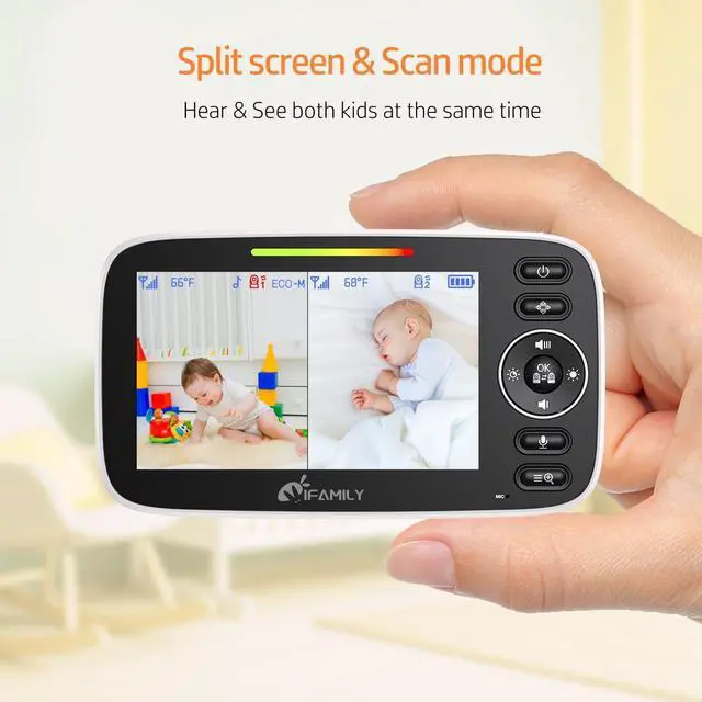 Alt view image 2 of 7 - Split Screen Baby Monitor, Large Display Video Baby Monitor with 2 Cameras and Audio, Long Range, Remote pan tilt, Night Vision, Temperature Sensor, 2 Way Talk, Feeding Clock and lullabies.