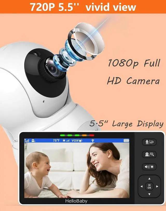 Alt view image 2 of 7 - 720P 5.5'' HD Baby Monitor with Camera and Audio No WiFi, Video Baby Monitor, Remote Pan Tilt Zoom Wide View Range, 1080P Infant Camera, Night Light, Hack Proof, 4000mAh Battery, 1000ft