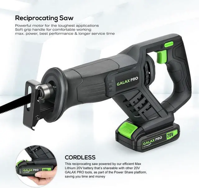 Alt view image 7 of 7 - Reciprocating Saw, Cordless Reciprocating Saw with battery, 0-3000RPM, 20V 2.0Ah Cordless Saw, 3pcs 6-inch Wood Saw Blade & 2pcs 6-inch Metal Saw Blade for thin wooden board, soft metal