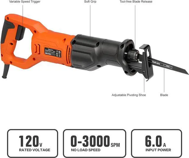 Alt view image 3 of 7 - 120V Reciprocating Saw, 6.0 Amp Variable Speed Corded Reciprocating Saw with 4/5" Stroke Length, 3000 SPM and 4-1/2" Max for Wood, Metal, PVC Pipe Cutting