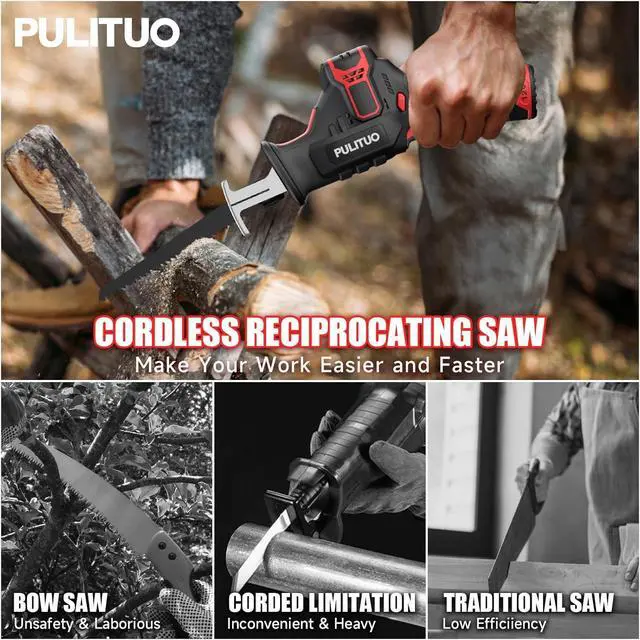 Alt view image 2 of 7 - Cordless Reciprocating Saw, Speed 3000SPMwith Clamping Jaw, 2000 mAh Battery/ 1-Hour Fast Charge,Safety Gloves& Goggles, 4Pcs of Saw Blades for Wood/Metal/PVC