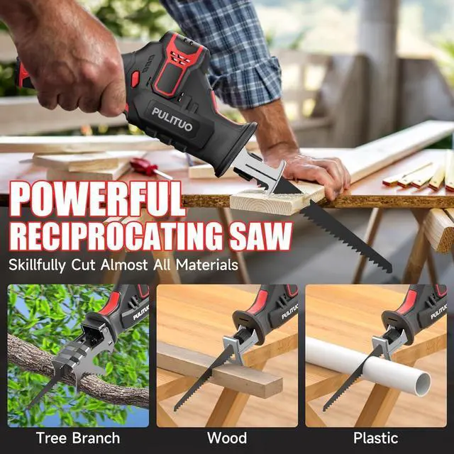 Alt view image 3 of 7 - Cordless Reciprocating Saw, Speed 3000SPMwith Clamping Jaw, 2000 mAh Battery/ 1-Hour Fast Charge,Safety Gloves& Goggles, 4Pcs of Saw Blades for Wood/Metal/PVC