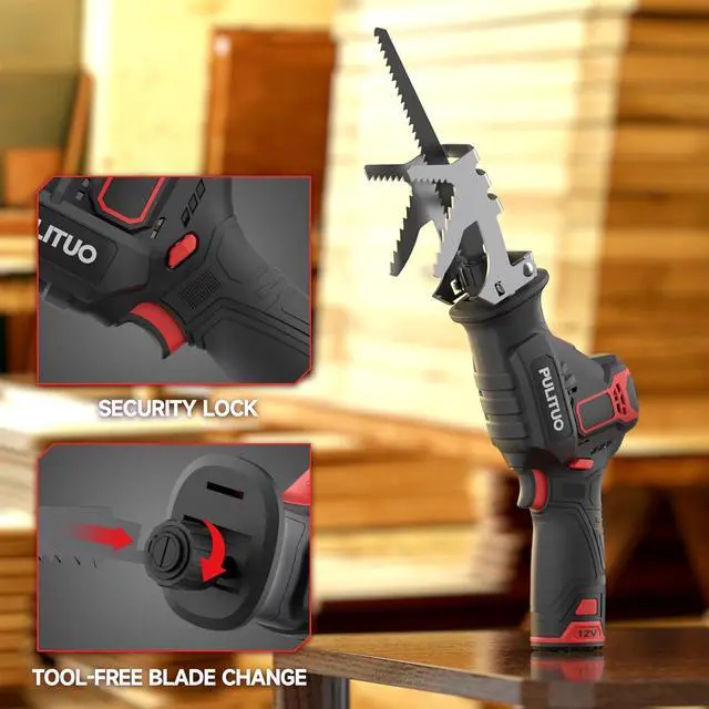 Alt view image 6 of 7 - Cordless Reciprocating Saw, Speed 3000SPMwith Clamping Jaw, 2000 mAh Battery/ 1-Hour Fast Charge,Safety Gloves& Goggles, 4Pcs of Saw Blades for Wood/Metal/PVC