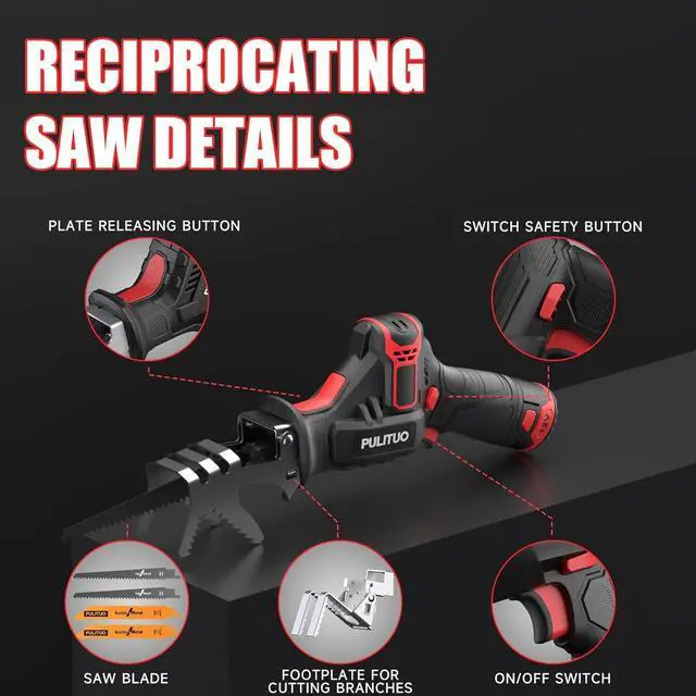 Alt view image 7 of 7 - Cordless Reciprocating Saw, Speed 3000SPMwith Clamping Jaw, 2000 mAh Battery/ 1-Hour Fast Charge,Safety Gloves& Goggles, 4Pcs of Saw Blades for Wood/Metal/PVC