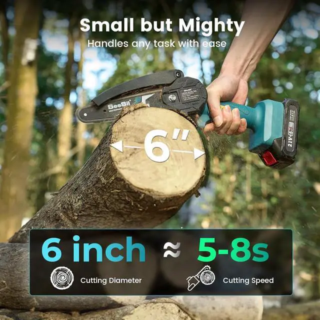 Alt view image 3 of 7 - Seesii Mini Chainsaw Cordless 6-inch, Handheld Electric Power Chain Saw with 2 Batteries, for Tree Trimming Wood Cutting, Best Gifts for Dad, Husband