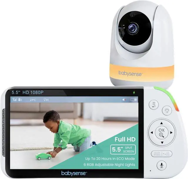 Main image of 5.5 1080p Full HD Split-Screen Baby Monitor, Video Baby Monitor with Camera and Audio, PTZ Camera, RGB Night Light, 1000ft Range, Two-Way Audio, 4X Zoom, 5000mAh Battery