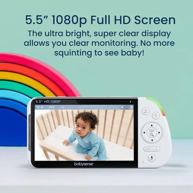 Alt view image 2 of 7 - 5.5 1080p Full HD Split-Screen Baby Monitor, Video Baby Monitor with Camera and Audio, PTZ Camera, RGB Night Light, 1000ft Range, Two-Way Audio, 4X Zoom, 5000mAh Battery