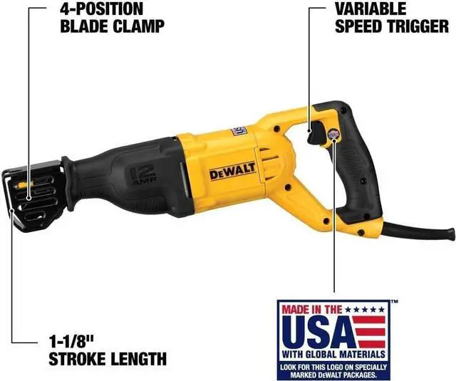 Alt view image 6 of 7 - Reciprocating Saw, 12 Amp, 2,900 RPM, 4-Position Blade Clamp, Variable Speed Trigger, Corded (DWE305)