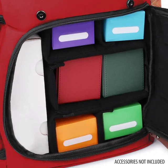 Alt view image 6 of 7 - Full-Size Trading Card Storage Box Backpack for Playing Card Case - Card Binder Space, TCG Deck Box Storage, Playmat Holder - Compatible with Magic the Gathering, YuGiOh, DnD (Red)