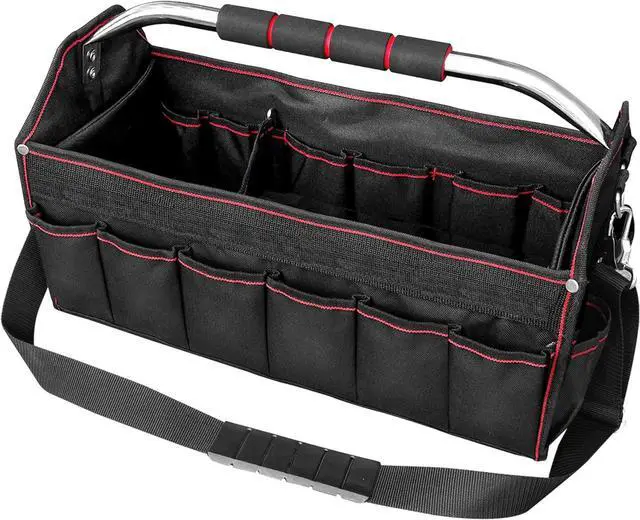 Main image of Foldable Open Top Tote Bag, 18-Inch 27 Pocket Tool Bag, Removable Shoulder Strap, Wide Mouth Heavy Duty Electrician Tool Bin for Tool Organization and Storage HT0020-TB