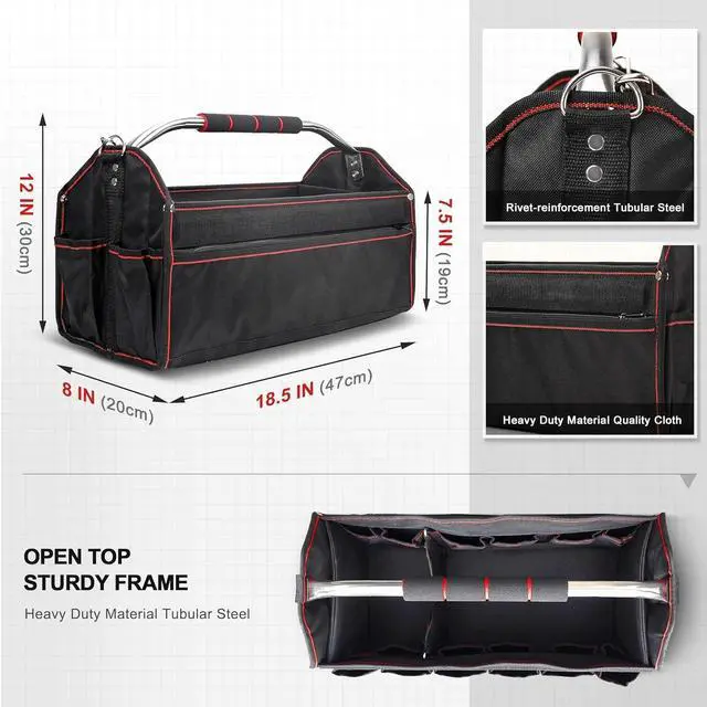 Alt view image 2 of 7 - Foldable Open Top Tote Bag, 18-Inch 27 Pocket Tool Bag, Removable Shoulder Strap, Wide Mouth Heavy Duty Electrician Tool Bin for Tool Organization and Storage HT0020-TB