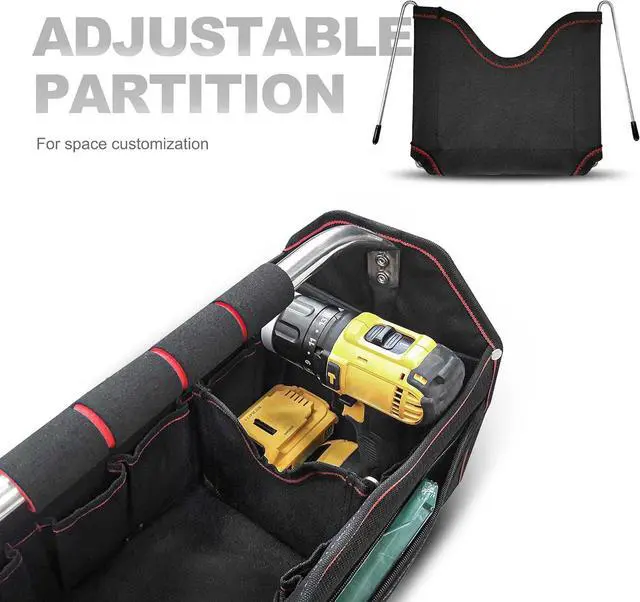 Alt view image 3 of 7 - Foldable Open Top Tote Bag, 18-Inch 27 Pocket Tool Bag, Removable Shoulder Strap, Wide Mouth Heavy Duty Electrician Tool Bin for Tool Organization and Storage HT0020-TB