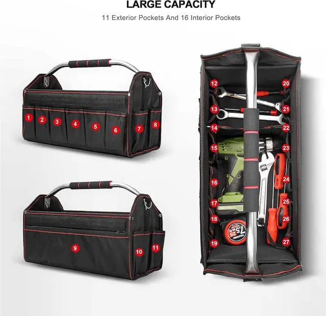 Alt view image 4 of 7 - Foldable Open Top Tote Bag, 18-Inch 27 Pocket Tool Bag, Removable Shoulder Strap, Wide Mouth Heavy Duty Electrician Tool Bin for Tool Organization and Storage HT0020-TB