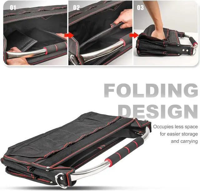 Alt view image 5 of 7 - Foldable Open Top Tote Bag, 18-Inch 27 Pocket Tool Bag, Removable Shoulder Strap, Wide Mouth Heavy Duty Electrician Tool Bin for Tool Organization and Storage HT0020-TB
