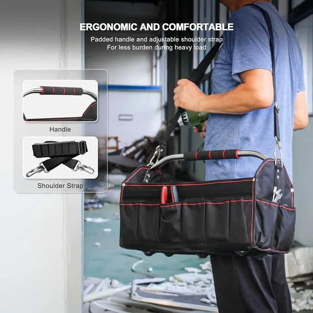 Alt view image 6 of 7 - Foldable Open Top Tote Bag, 18-Inch 27 Pocket Tool Bag, Removable Shoulder Strap, Wide Mouth Heavy Duty Electrician Tool Bin for Tool Organization and Storage HT0020-TB