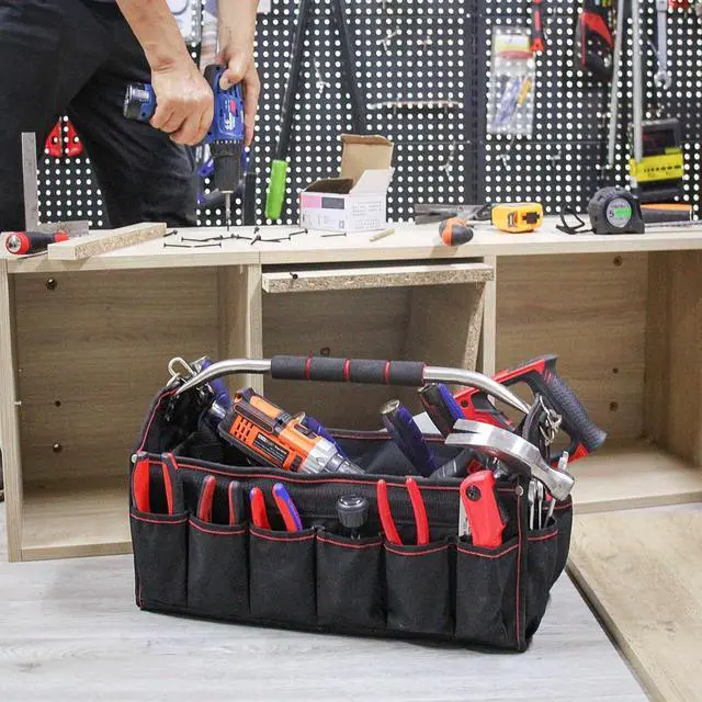 Alt view image 7 of 7 - Foldable Open Top Tote Bag, 18-Inch 27 Pocket Tool Bag, Removable Shoulder Strap, Wide Mouth Heavy Duty Electrician Tool Bin for Tool Organization and Storage HT0020-TB