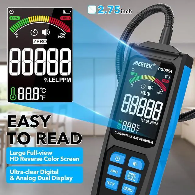 Alt view image 4 of 7 - Gas Detector with Audible & Visual Alarm, Rechargeable Gas Sniffer with 11.3-inch Gooseneck, Locating Propane, Natural Gas, Combustible Gas Leak for Home and RV
